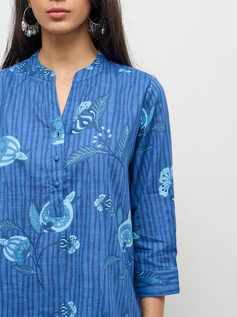 Utsa Indigo Botanical Design Cotton Straight Kurta - Image 3