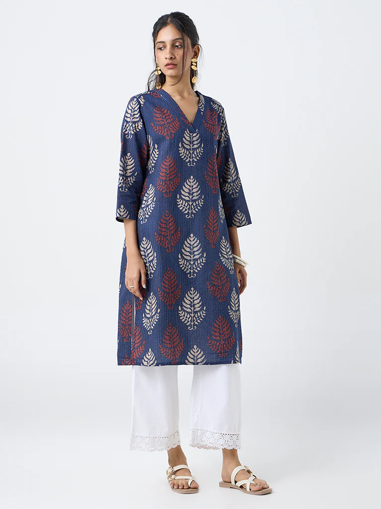 Utsa Indigo Botanical Printed Cotton-Blend Straight Kurta - Image 2