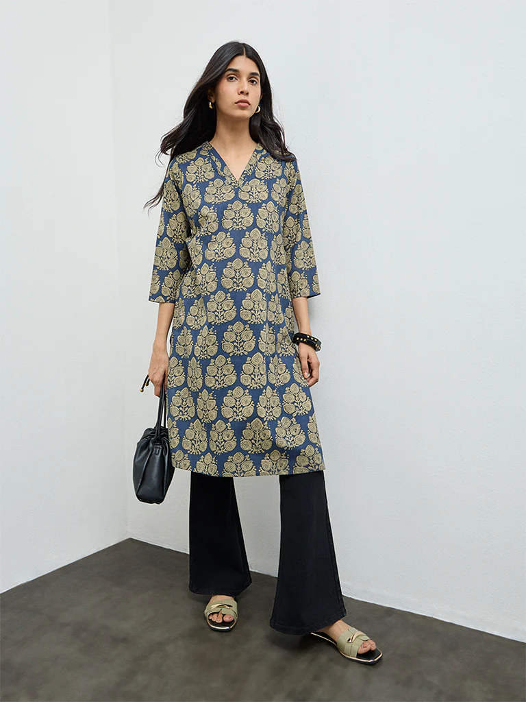 Utsa Indigo Butta Leaf Cotton Straight Kurta