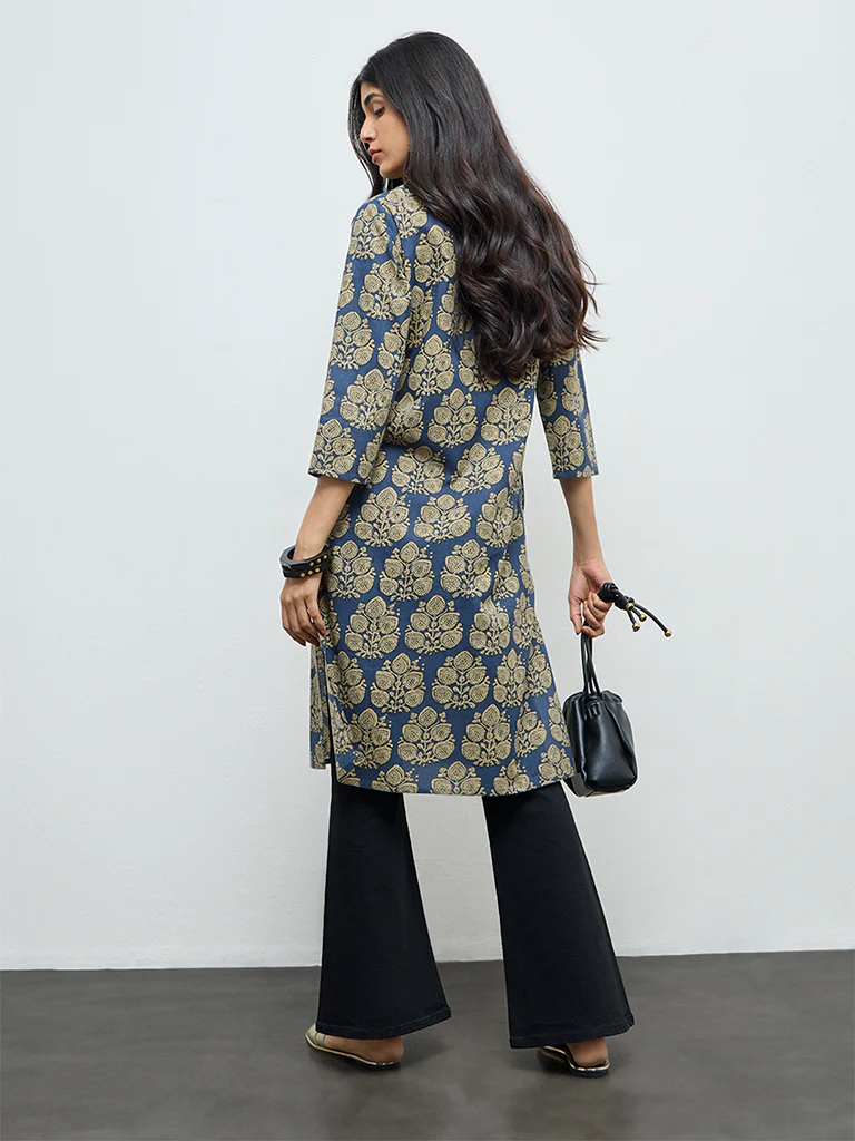 Utsa Indigo Butta Leaf Cotton Straight Kurta - Image 4