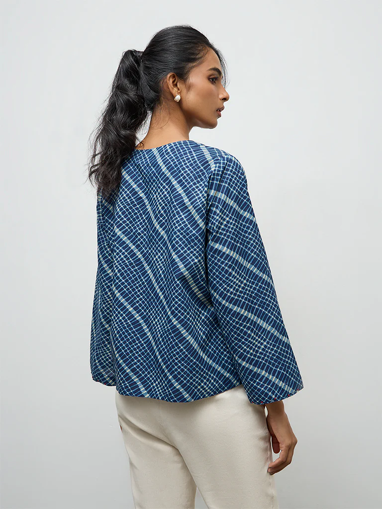 Utsa Indigo Checks Design Cotton Top - Image 4