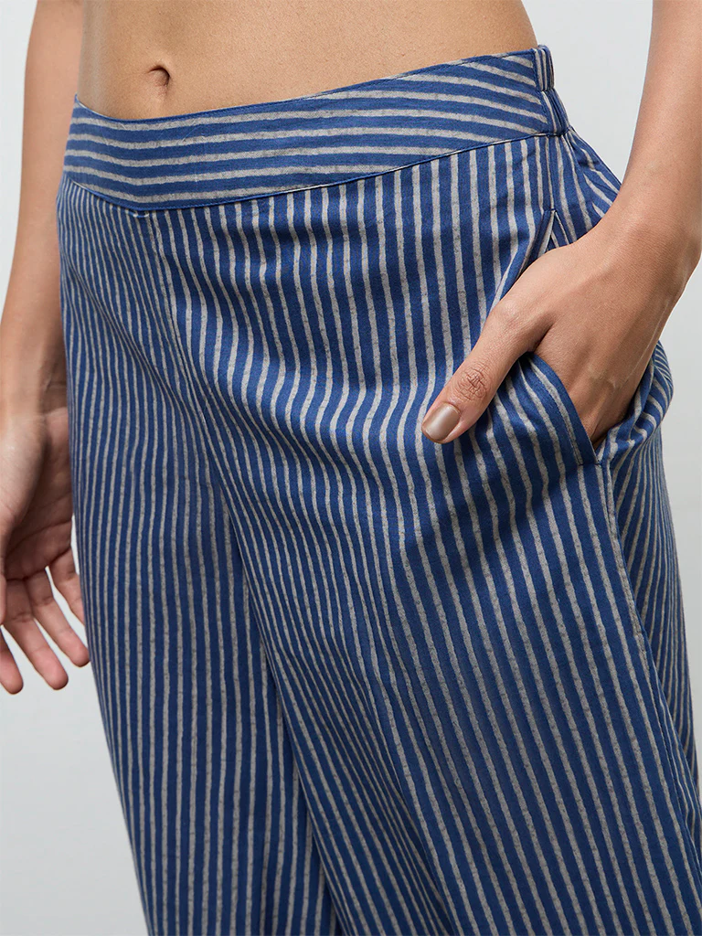 Utsa Indigo Cotton Striped Pants - Image 3