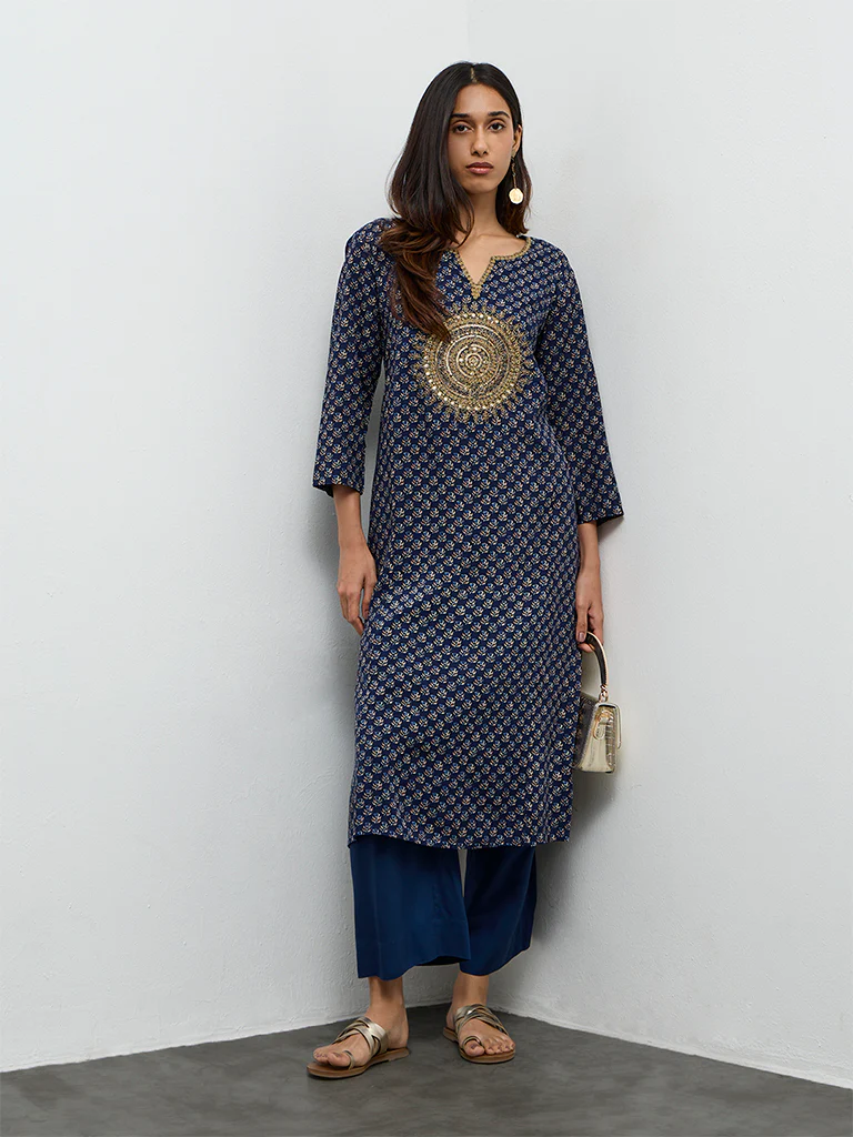 Utsa Indigo Embroidered A-Line Kurta
