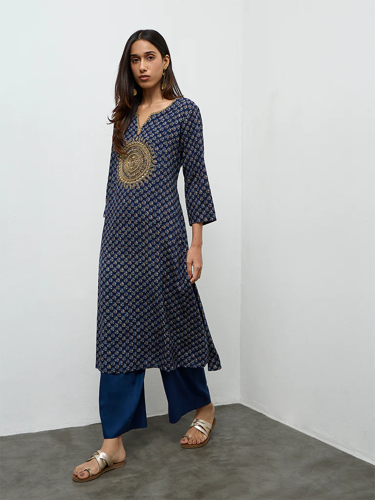Utsa Indigo Embroidered A-Line Kurta - Image 2