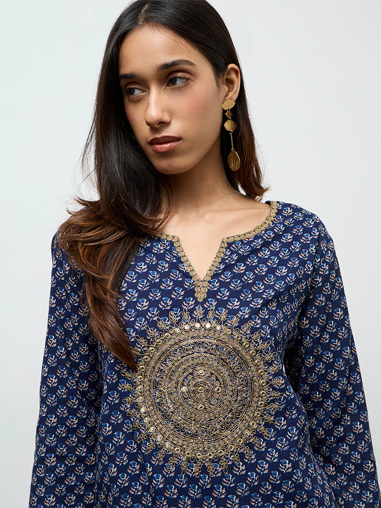 Utsa Indigo Embroidered A-Line Kurta - Image 3