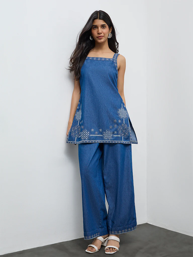 Utsa Indigo Embroidered Cotton A-Line Kurta - Image 2