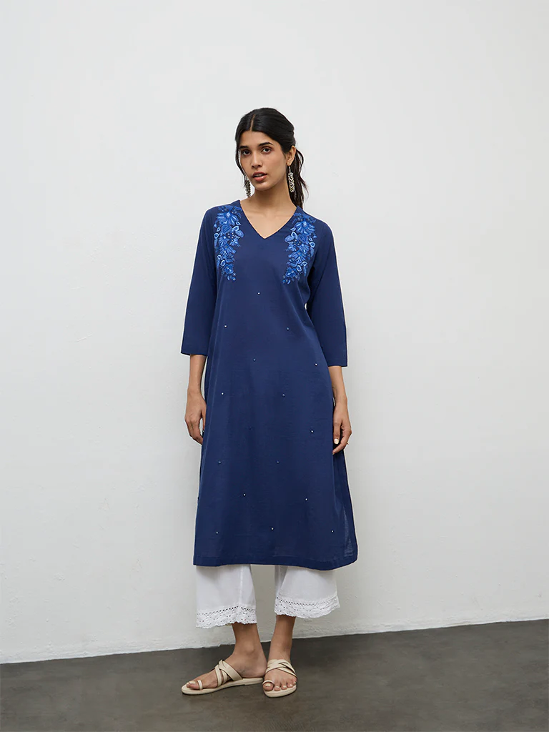 Utsa Indigo Embroidered Cotton A-Line Kurta