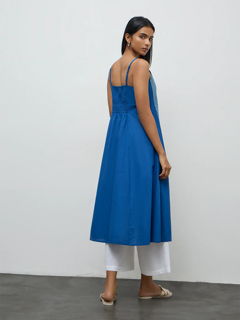 Utsa Indigo Embroidered Cotton A-Line Kurta - Image 4