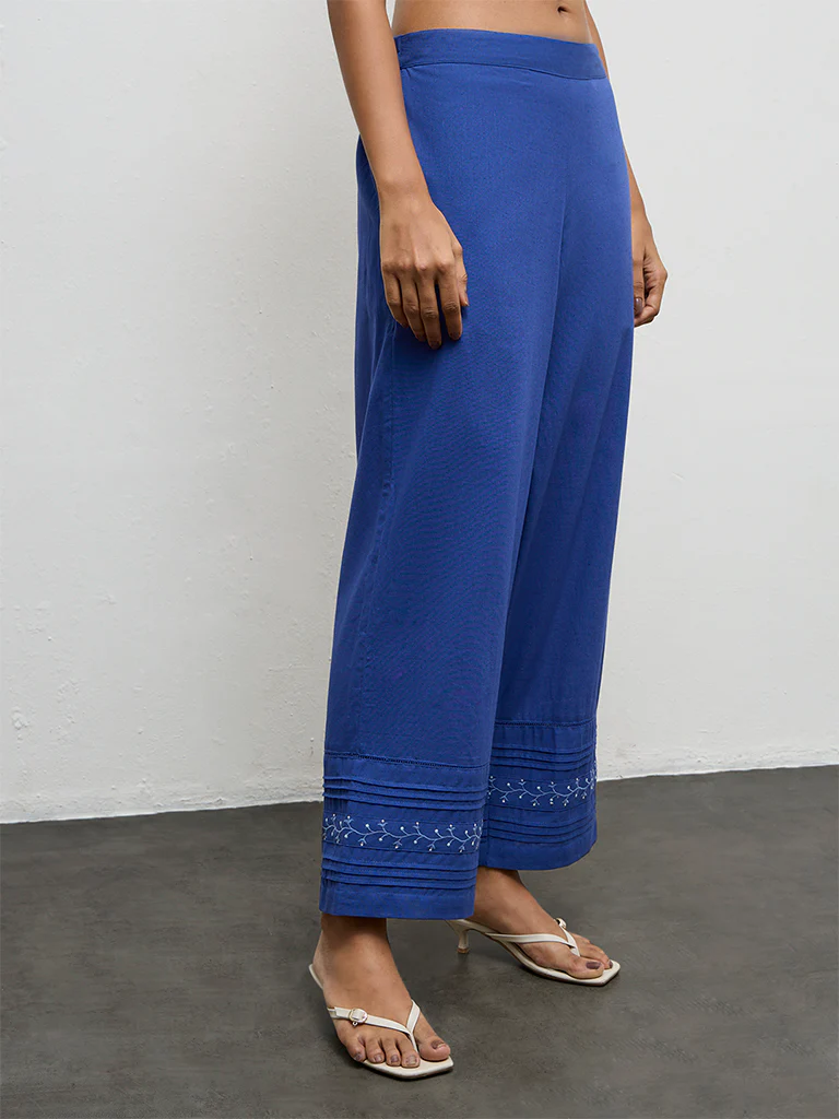 Utsa Indigo Embroidered Cotton-Blend Pants