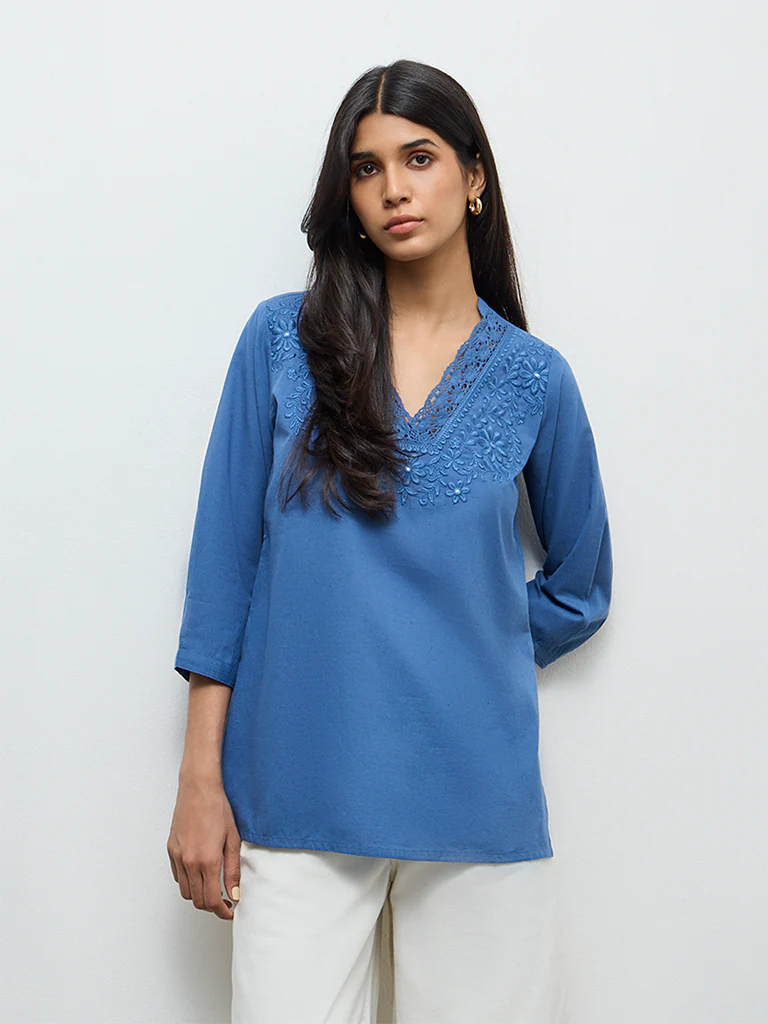 Utsa Indigo Embroidered Cotton-Blend Tunic