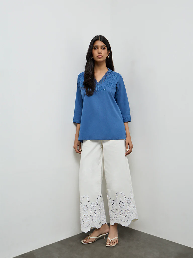Utsa Indigo Embroidered Cotton-Blend Tunic - Image 2