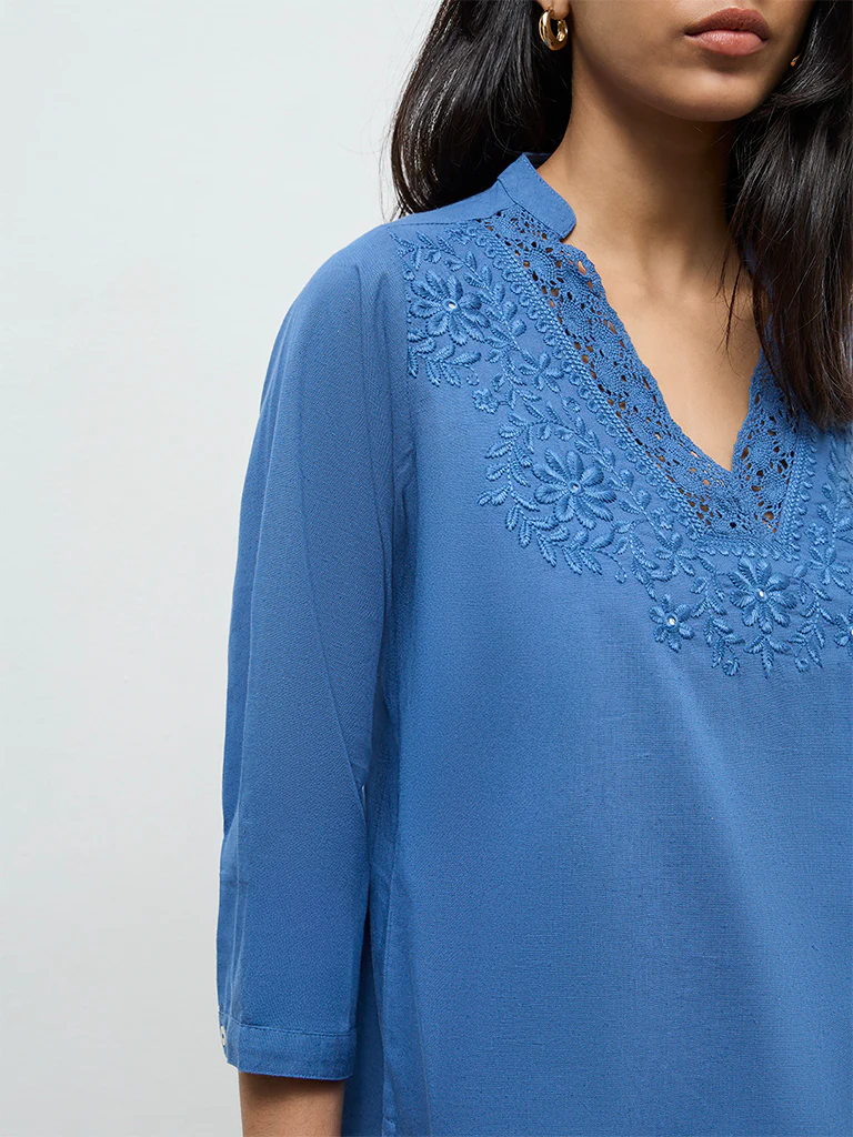 Utsa Indigo Embroidered Cotton-Blend Tunic - Image 3
