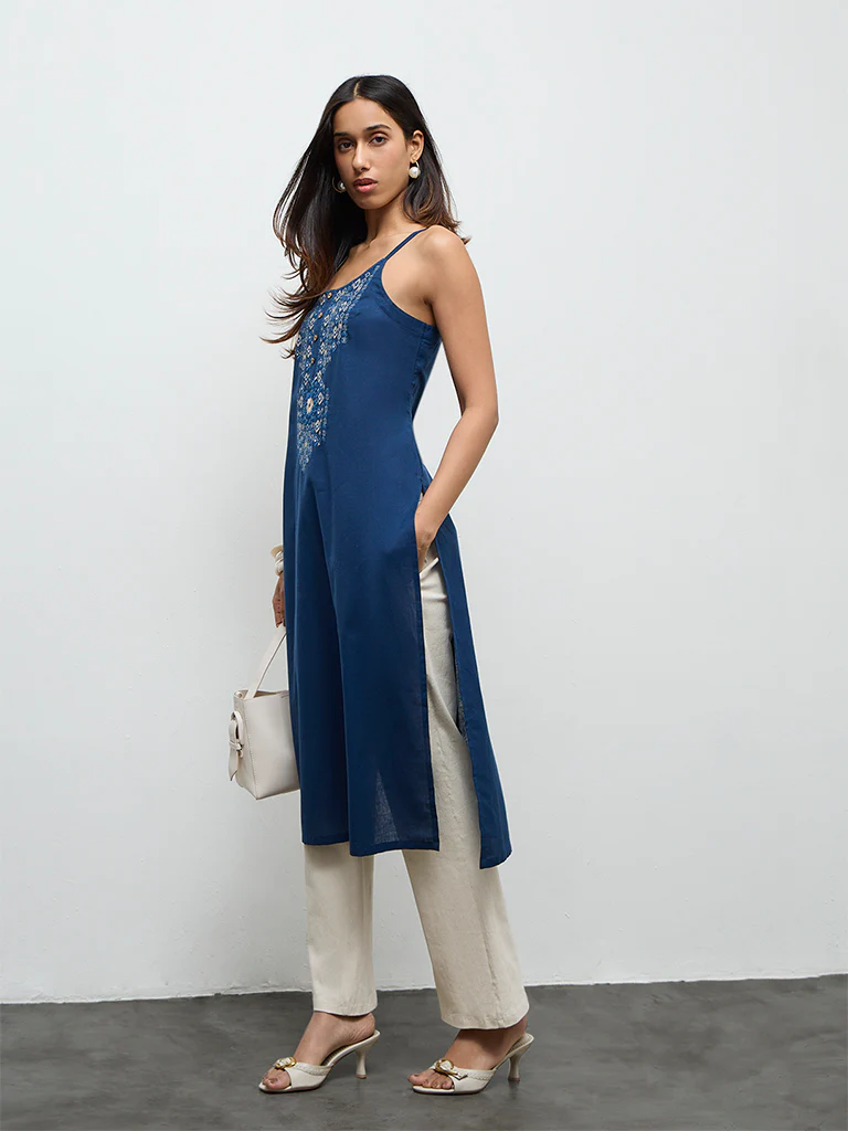 Utsa Indigo Embroidered Cotton Straight Kurta