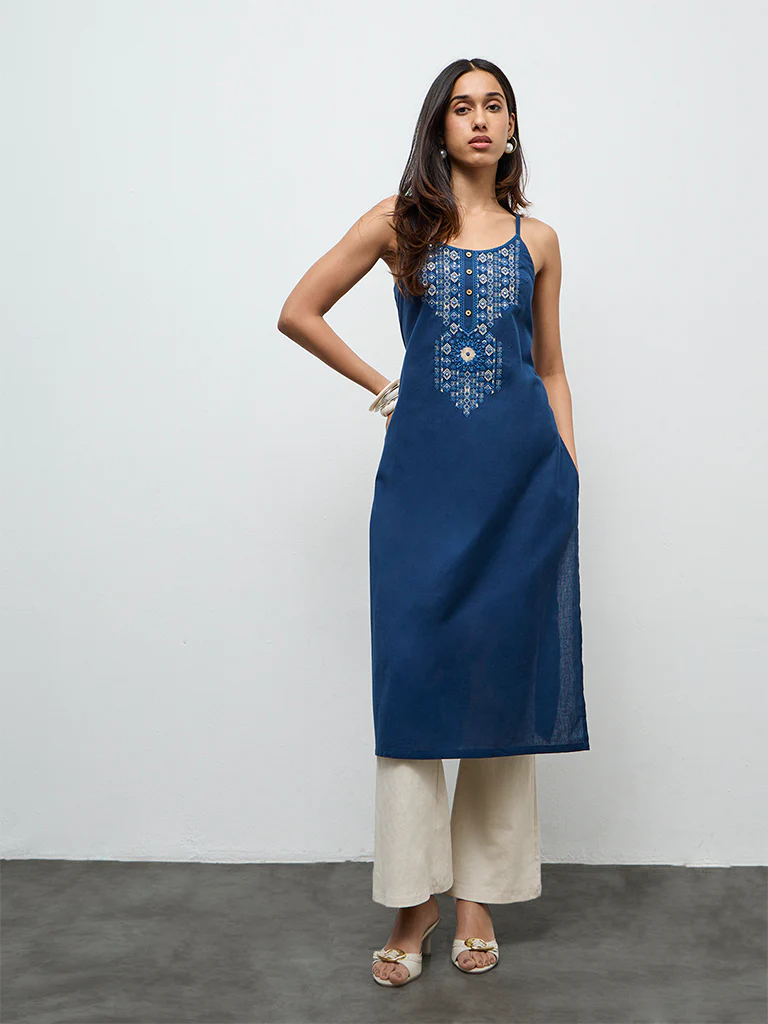 Utsa Indigo Embroidered Cotton Straight Kurta - Image 2