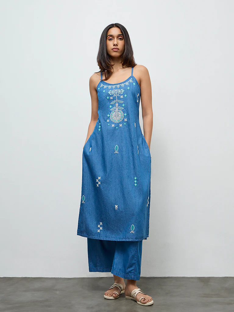Utsa Indigo Embroidered Denim A-Line Kurta - Image 2