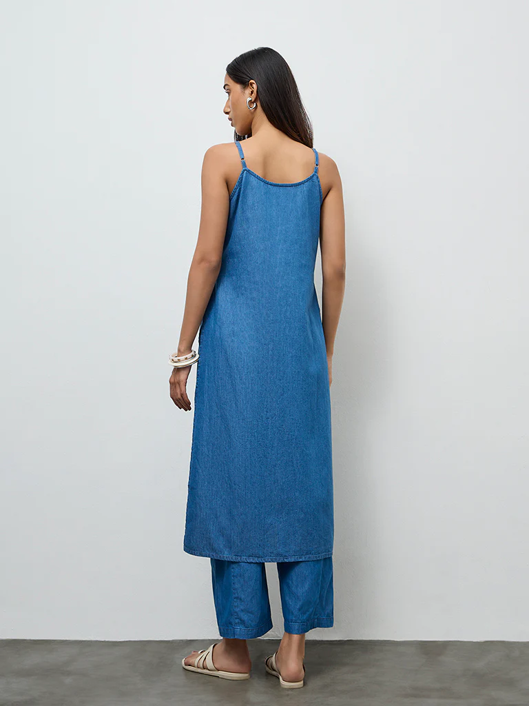 Utsa Indigo Embroidered Denim A-Line Kurta - Image 4