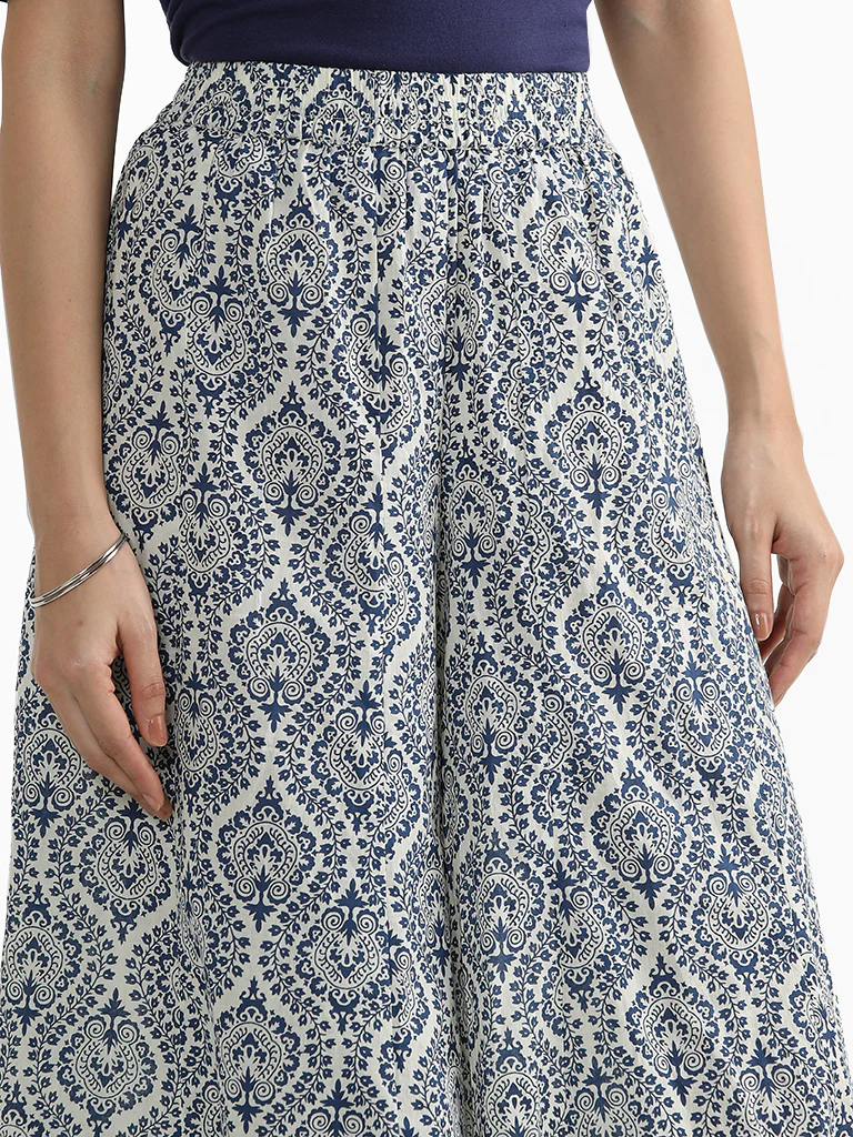 Utsa Indigo Ethnic Floral Printed Palazzos - Image 3