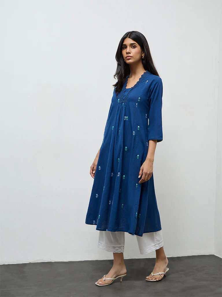 Utsa Indigo Floral Embroidered Cotton A-Line Kurta - Image 2