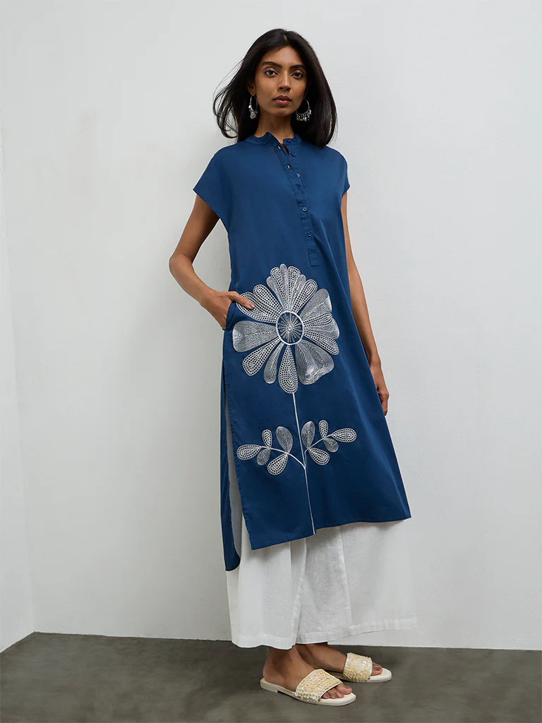 Utsa Indigo Floral Embroidered Cotton A-Line Kurta - Image 2