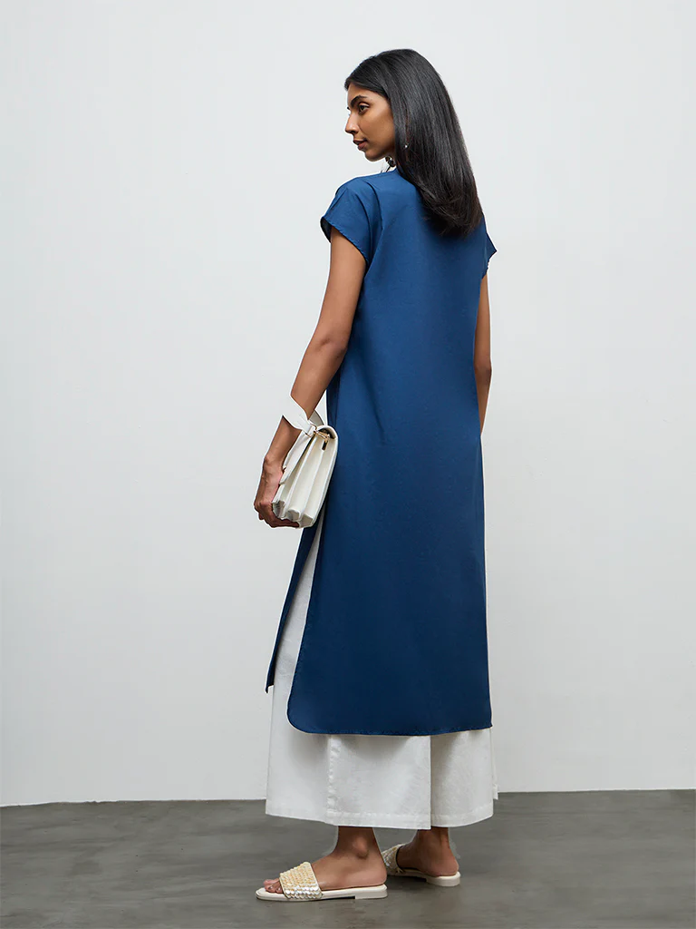 Utsa Indigo Floral Embroidered Cotton A-Line Kurta - Image 4