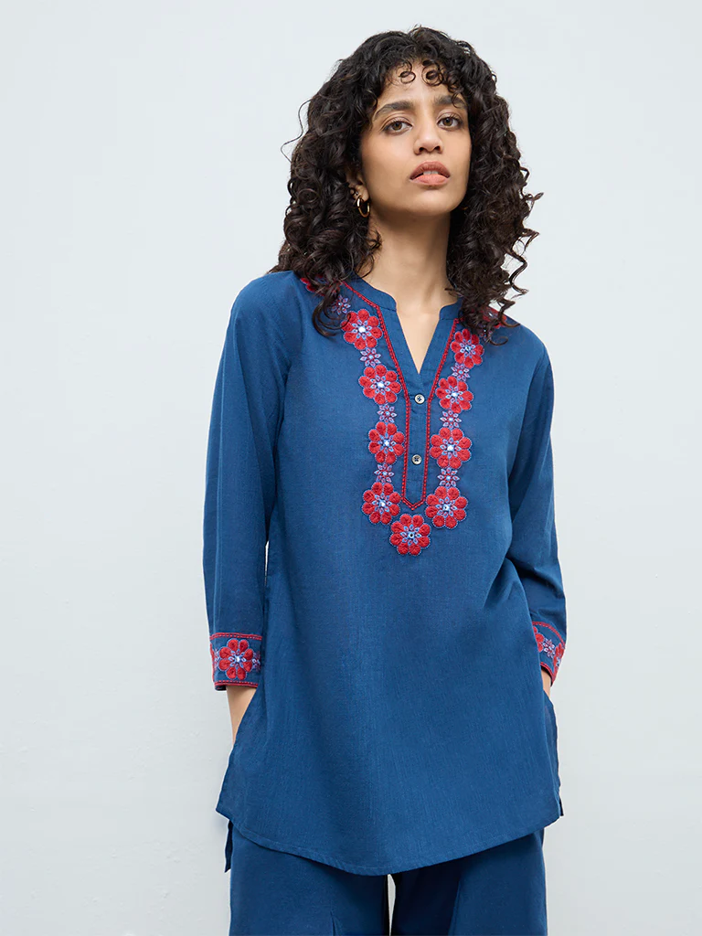 Utsa Indigo Floral Embroidered Cotton A-Line Tunic - Image 2