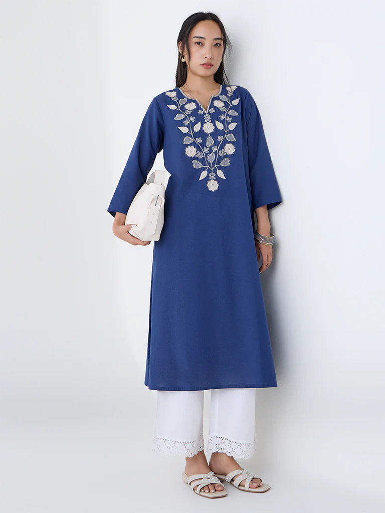 Utsa Indigo Floral Embroidered Cotton-Blend A-Line Kurta - Image 2