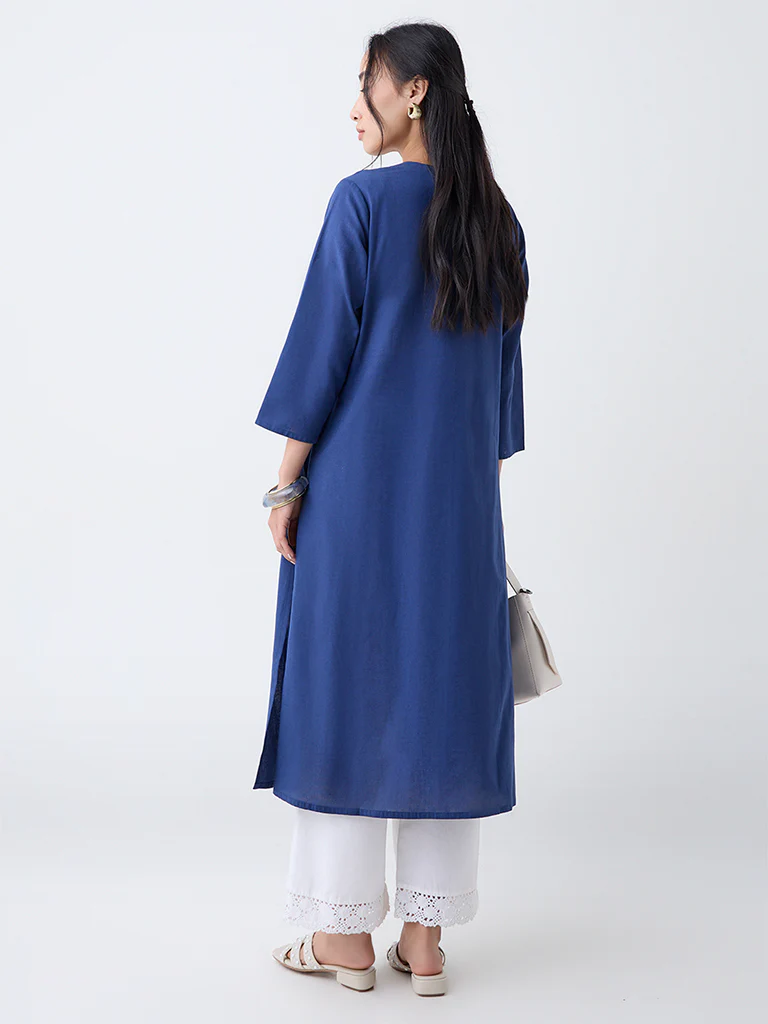 Utsa Indigo Floral Embroidered Cotton-Blend A-Line Kurta - Image 4