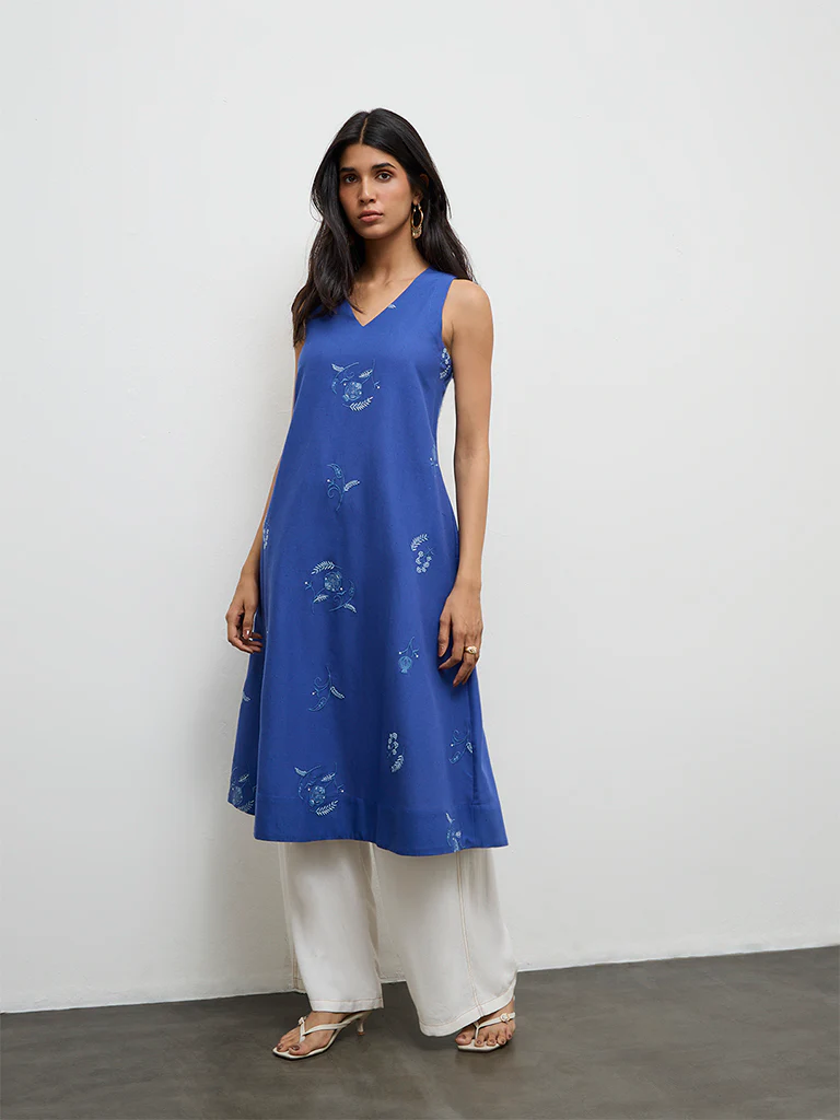 Utsa Indigo Floral Embroidered Cotton-Blend A-Line Kurta - Image 2