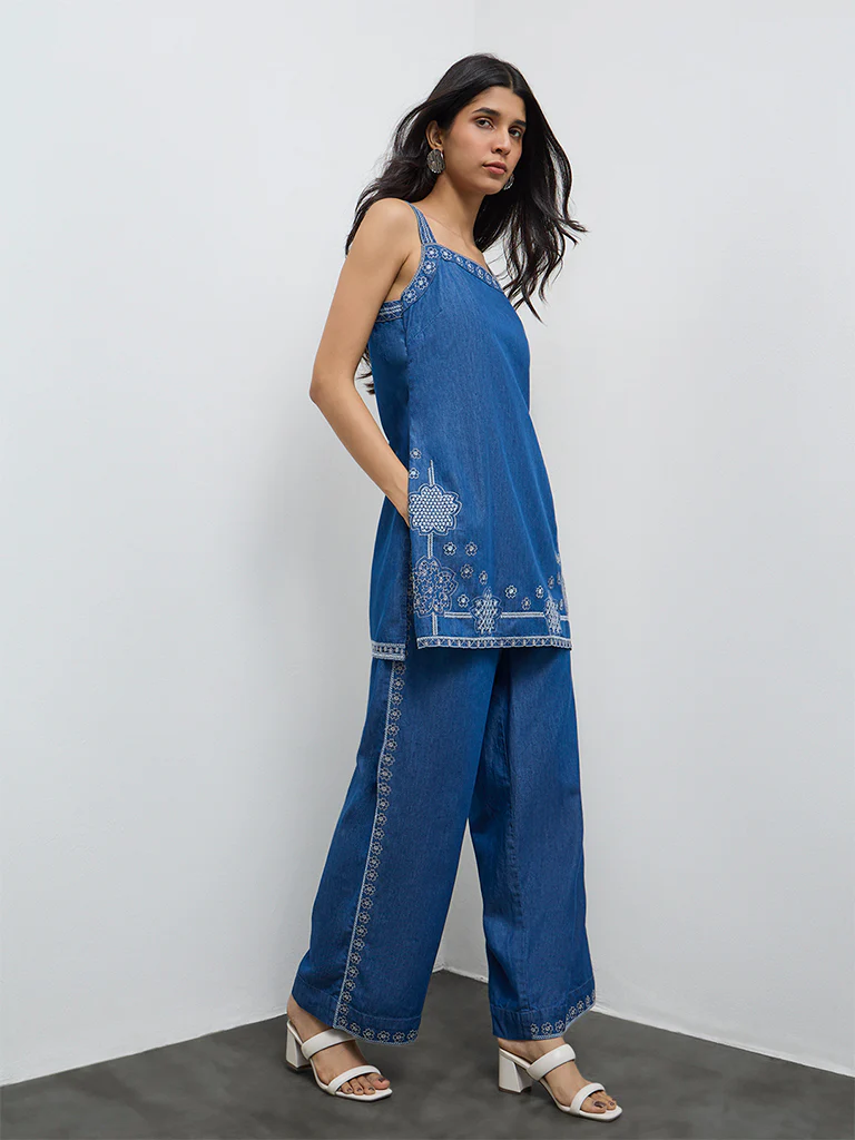 Utsa Indigo Floral Embroidered Cotton Palazzos - Image 2