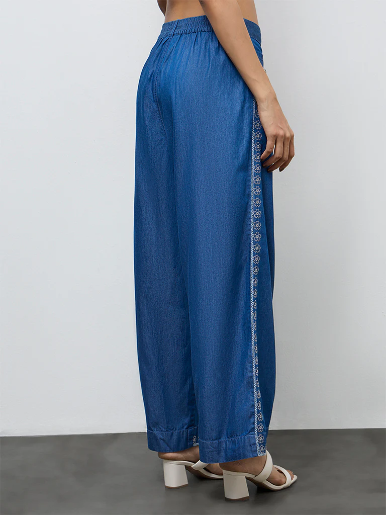 Utsa Indigo Floral Embroidered Cotton Palazzos - Image 4