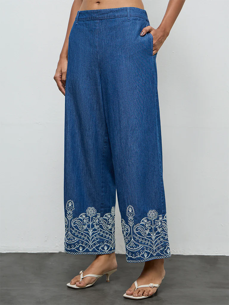 Utsa Indigo Floral Embroidered Cotton Pants