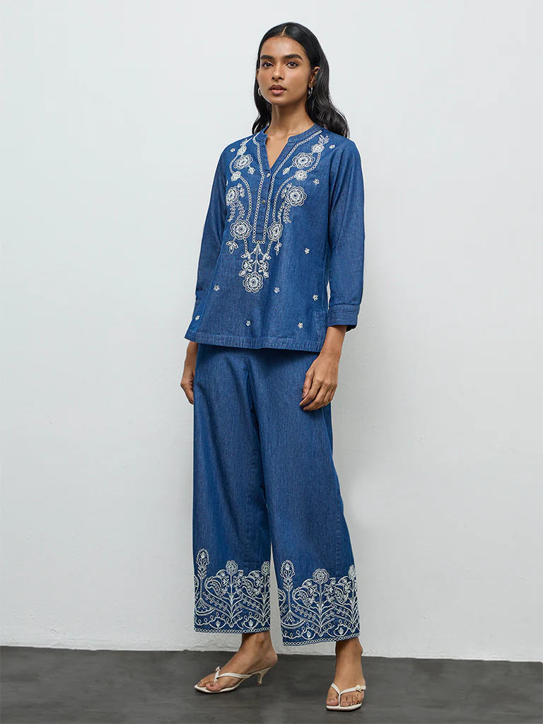 Utsa Indigo Floral Embroidered Cotton Pants - Image 2