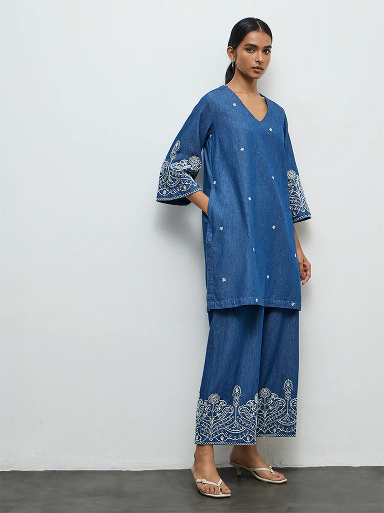 Utsa Indigo Floral Embroidered Denim A-Line Kurta