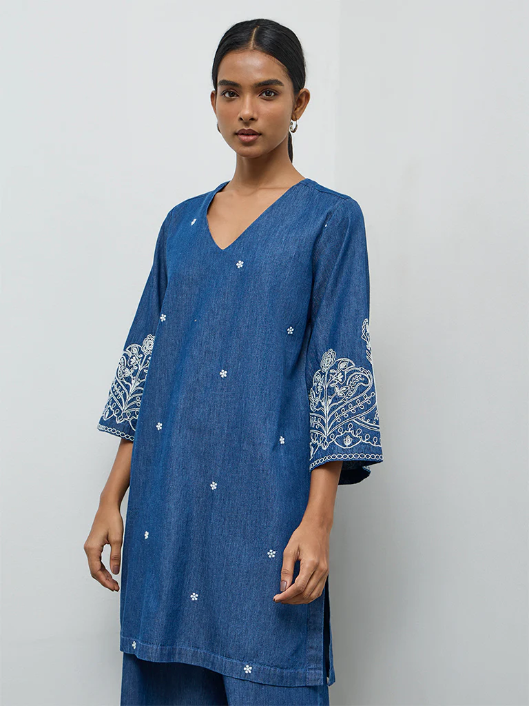 Utsa Indigo Floral Embroidered Denim A-Line Kurta - Image 2