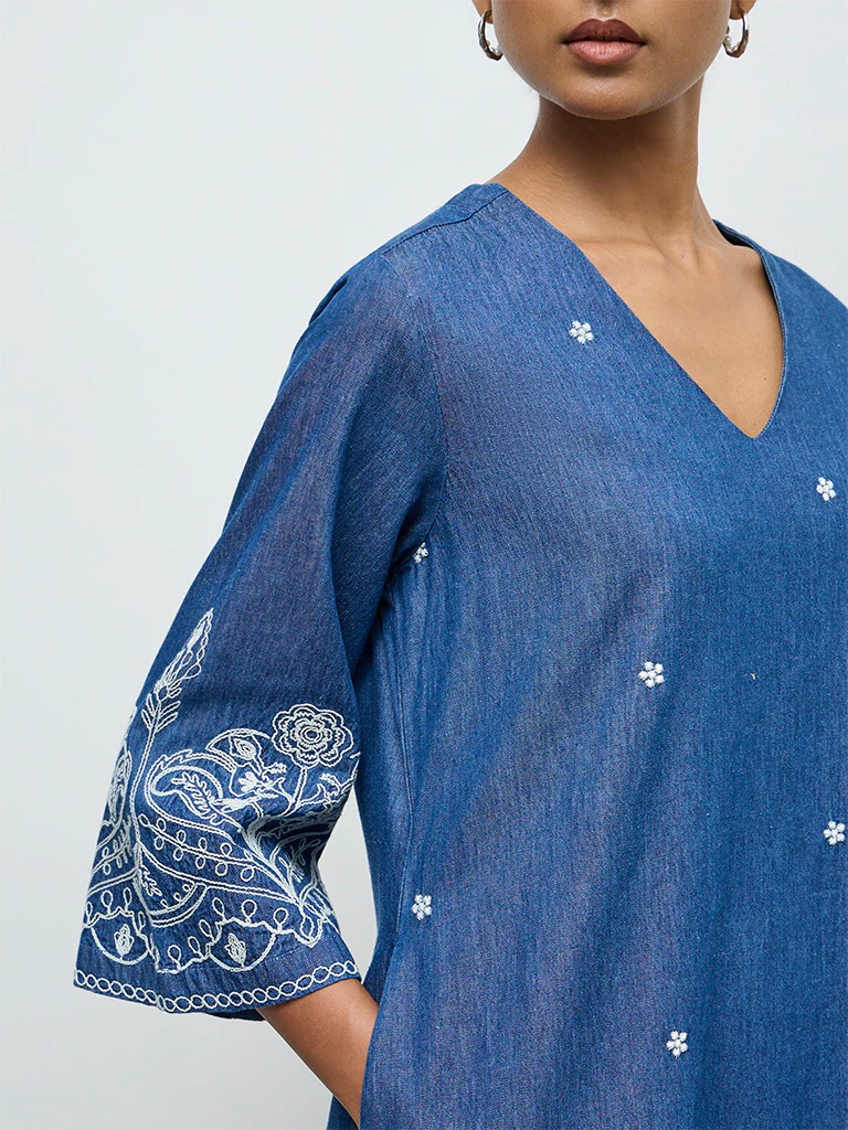 Utsa Indigo Floral Embroidered Denim A-Line Kurta - Image 3
