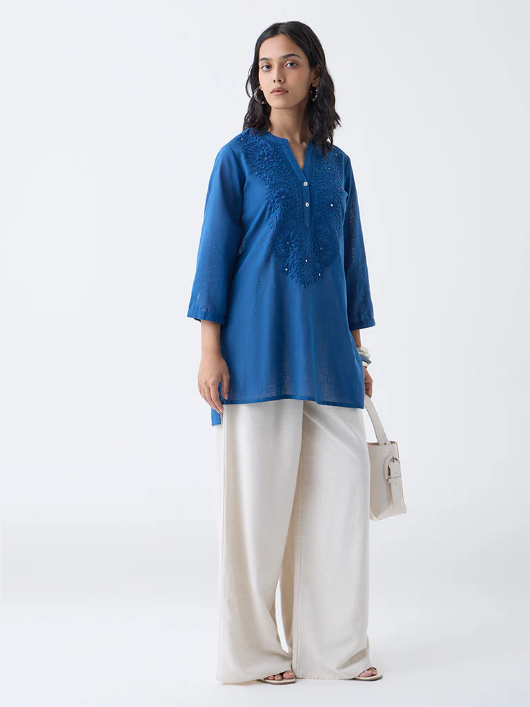 Utsa Indigo Floral Embroidered Lucknowi Cotton Tunic - Image 2