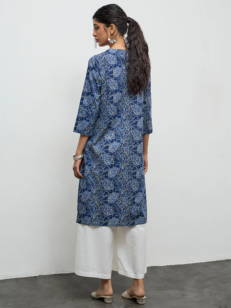 Utsa Indigo Floral Pattern Cotton Straight Kurta - Image 4