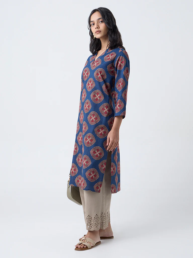 Utsa Indigo Floral Print Cotton Straight Kurta