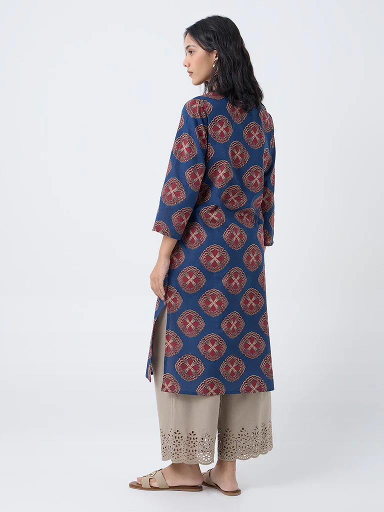 Utsa Indigo Floral Print Cotton Straight Kurta - Image 4
