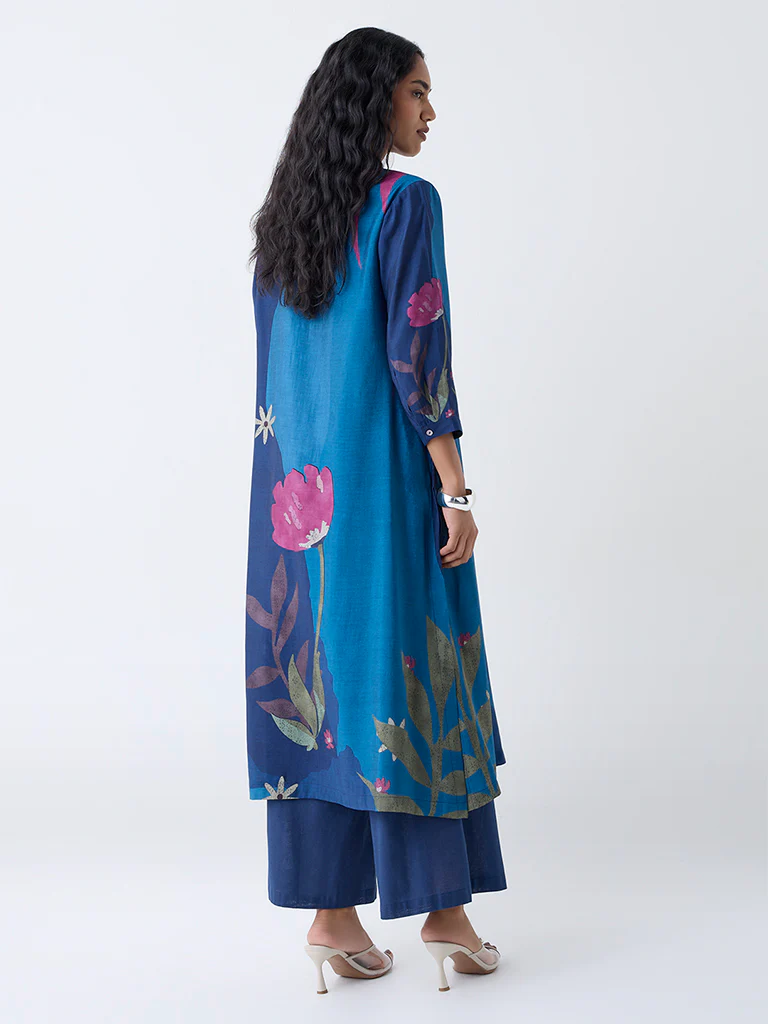 Utsa Indigo Floral Printed A-Line Kurta - Image 4