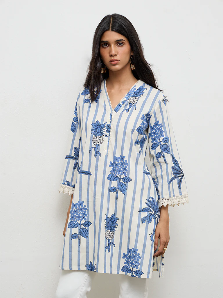 Utsa Indigo Floral Printed Cotton-Blend Kurti - Image 2