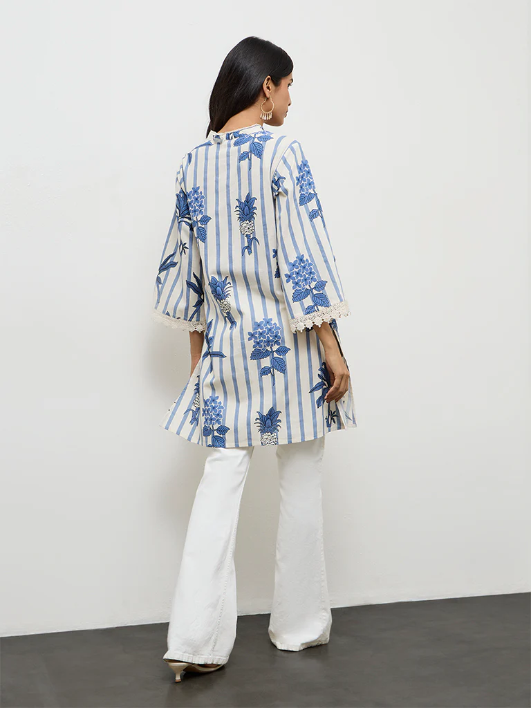 Utsa Indigo Floral Printed Cotton-Blend Kurti - Image 4
