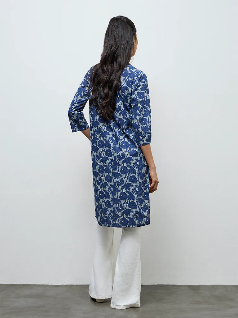 Utsa Indigo Floral Printed Cotton Straight Kurta - Image 4