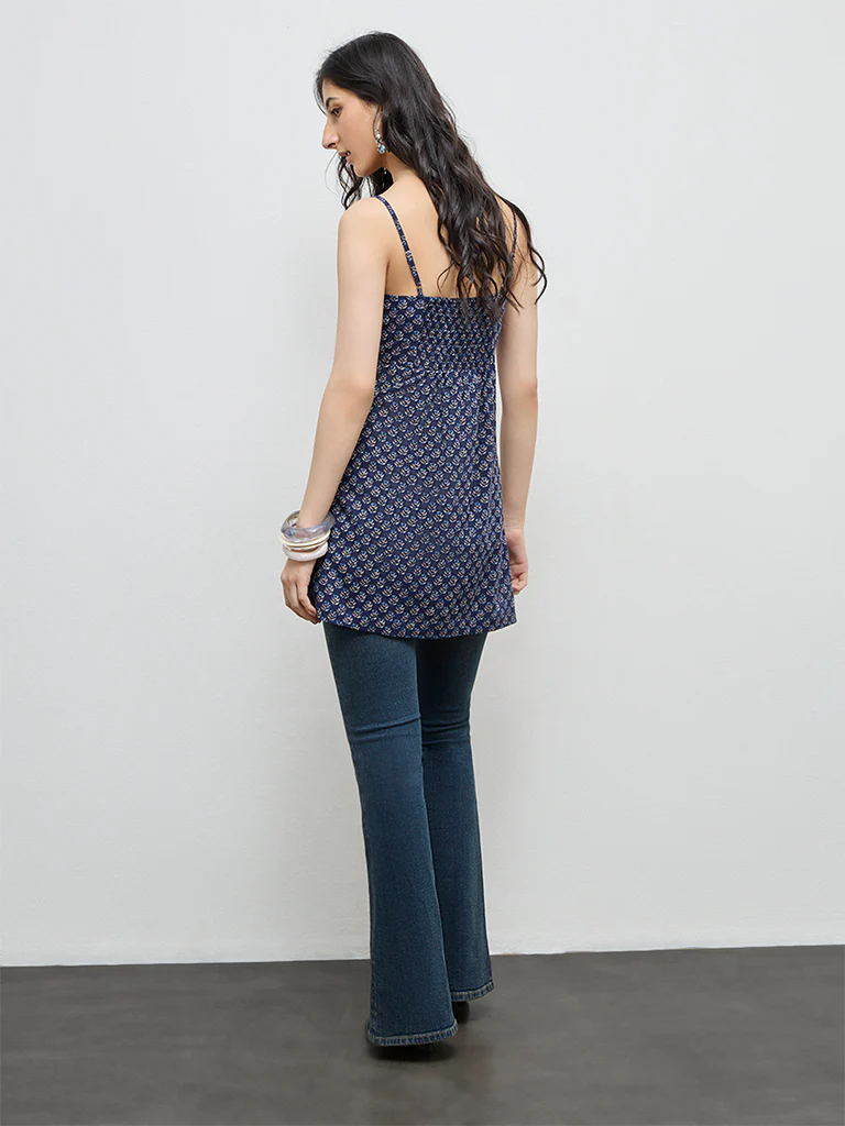 Utsa Indigo Floral Printed Cotton Tunic - Image 4