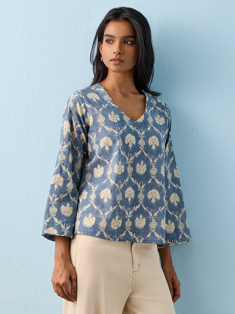 Utsa Indigo Floral Printed Cotton Tunic - Image 2