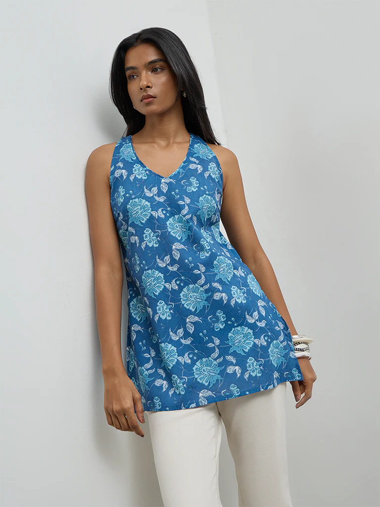 Utsa Indigo Floral Printed Cotton Tunic