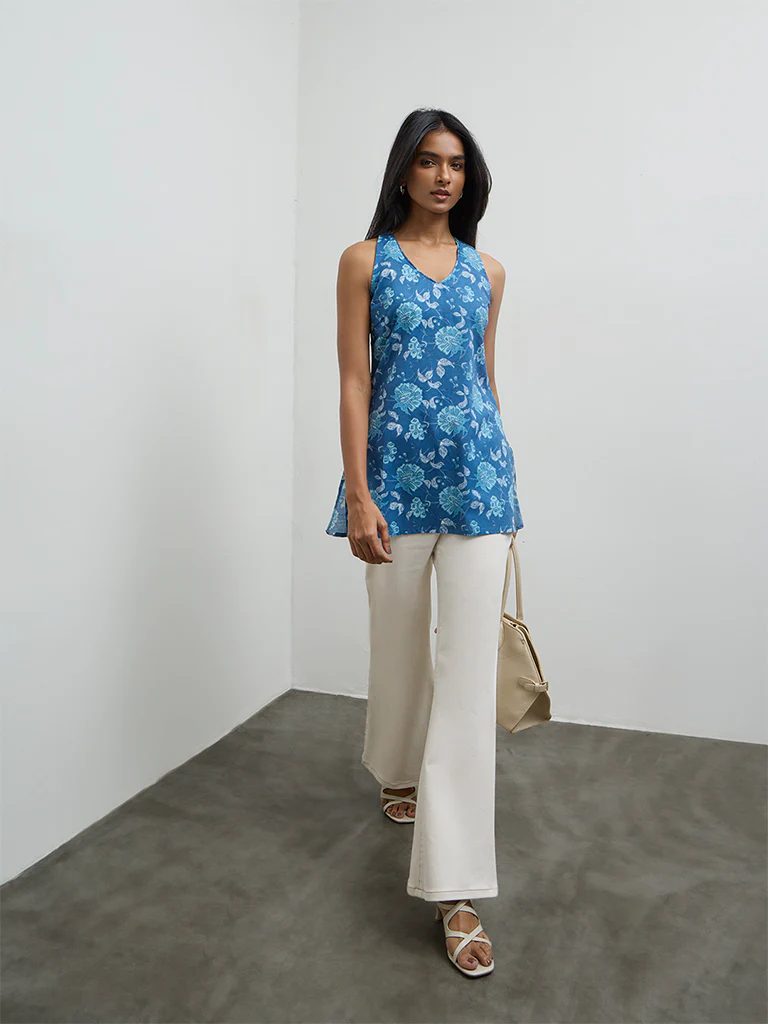 Utsa Indigo Floral Printed Cotton Tunic - Image 2