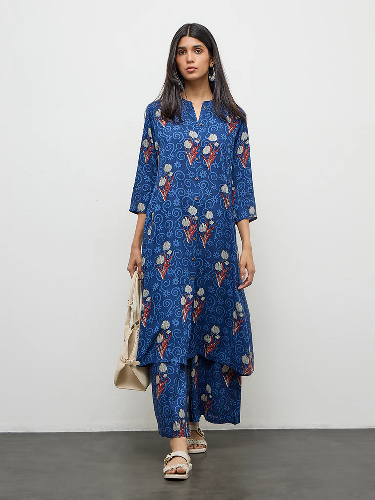 Utsa Indigo Foliage Pattern A-Line Kurta - Image 2