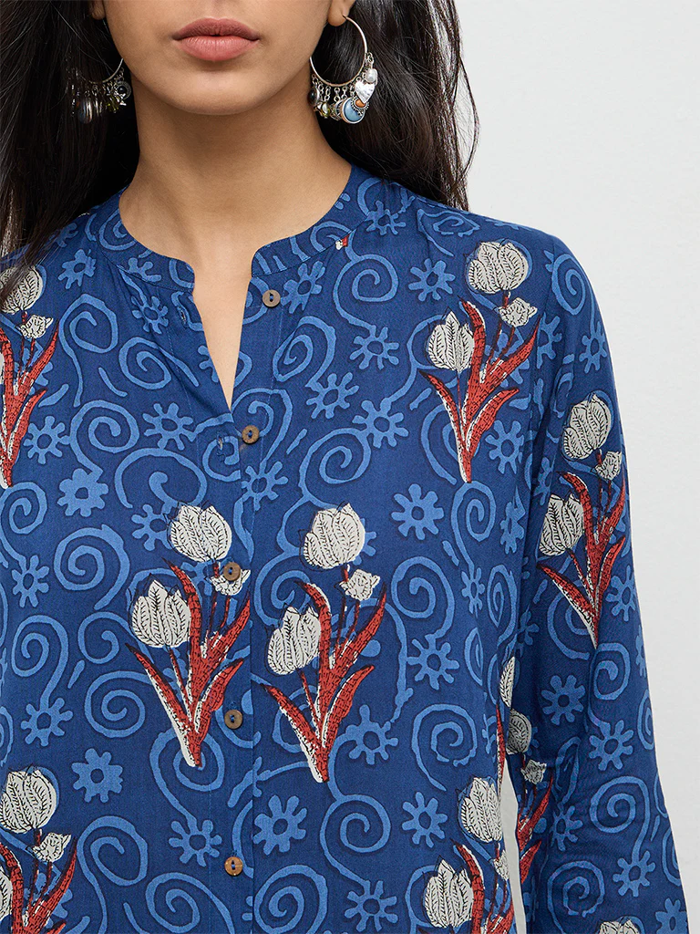 Utsa Indigo Foliage Pattern A-Line Kurta - Image 3