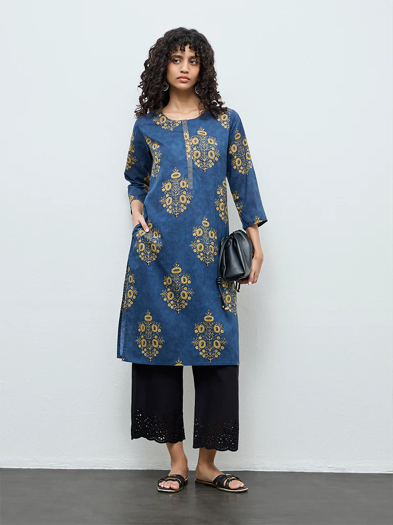 Utsa Indigo Foliage Printed Cotton Straight Kurta